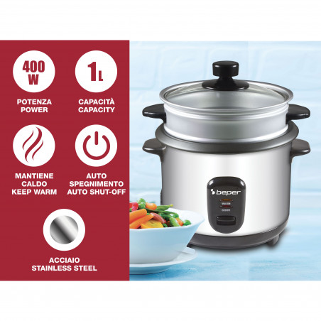 Aparat pentru gătit orez Beper 90.550, 400 W, 1 l, până la 625 g de orez, menținere a căldurii, oțel inoxidabil