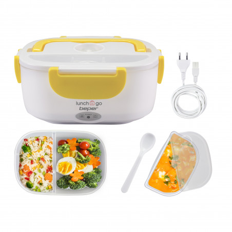 Cutie electrica pentru pranz Beper 90.920G, 40 W, 1 litru, Pana la 60°C, 2 compartimente detasabile, Indicator luminos, Alb/Galben