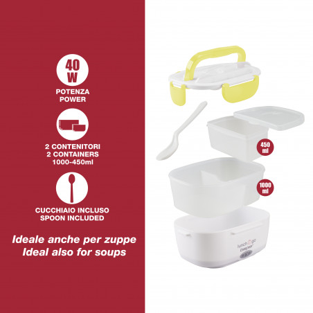 Cutie electrica pentru pranz Beper 90.920G, 40 W, 1 litru, Pana la 60°C, 2 compartimente detasabile, Indicator luminos, Alb/Galben