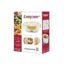Cutie electrica pentru pranz Beper 90.920G, 40 W, 1 litru, Pana la 60°C, 2 compartimente detasabile, Indicator luminos, Alb/Galben