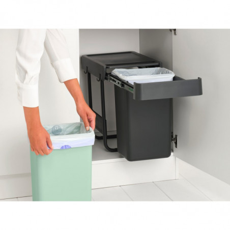 Cos de gunoi colectare selectiva Brabantia Sort&Go 1008862, 2x15 L, Montaj intern cu cadru telescopic, Gri/verde