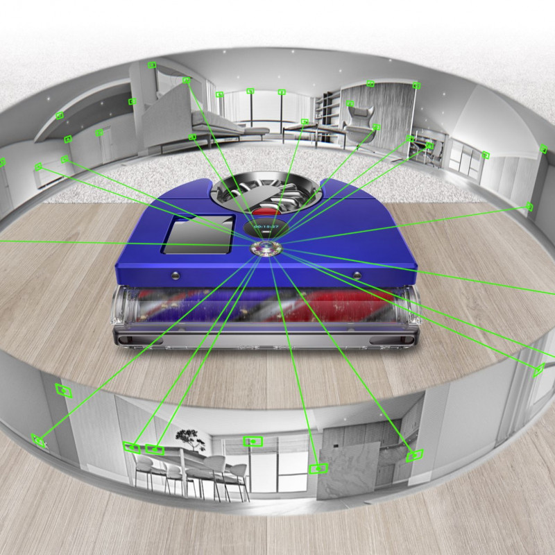 Aspirator Dyson RB03 360 Vis Nav Bl/Ni, Autonomie pana la 65 min, SMART, 26 senzori, Navigație vizuala 360°, Control vocal, Albastru/Gri