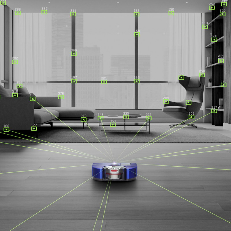 Aspirator Dyson RB03 360 Vis Nav Bl/Ni, Autonomie pana la 65 min, SMART, 26 senzori, Navigație vizuala 360°, Control vocal, Albastru/Gri