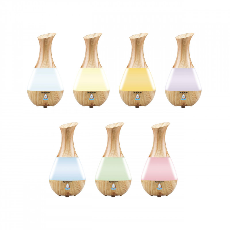 Difuzor de aroma Beper 70.405, 4 W, 235 ml, Potrivit pentru uleiuri esențiale, Lumina LED, 7 culori, Imitatie lemn/Alb