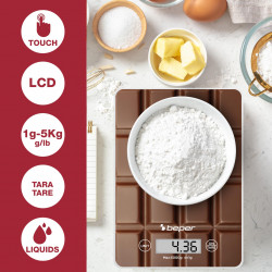 Cantar de bucatarie Beper P102BIL002, Pana la 5 kg, g/lb, Afisaj LCD, TAPA, Auto-off, Maro
