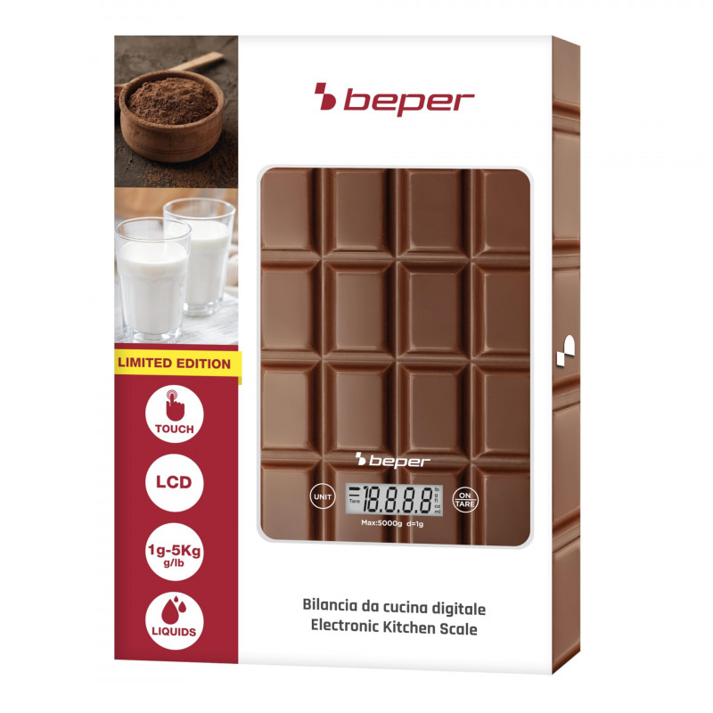 Cantar de bucatarie Beper P102BIL002, Pana la 5 kg, g/lb, Afisaj LCD, TAPA, Auto-off, Maro