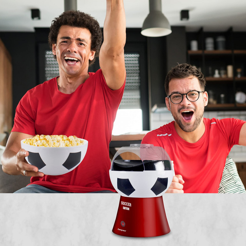 Aparat de facut popcorn Beper P101CUD051, 1200W, 270 ml, Design fotbal, Rosu/Alb