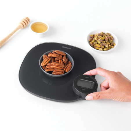 Cantar de bucatarie Brabantia Tasty+ 1001253, Pana la 5 kg, Nu necesita baterii, Tare, Afisaj digital, Gri inchis