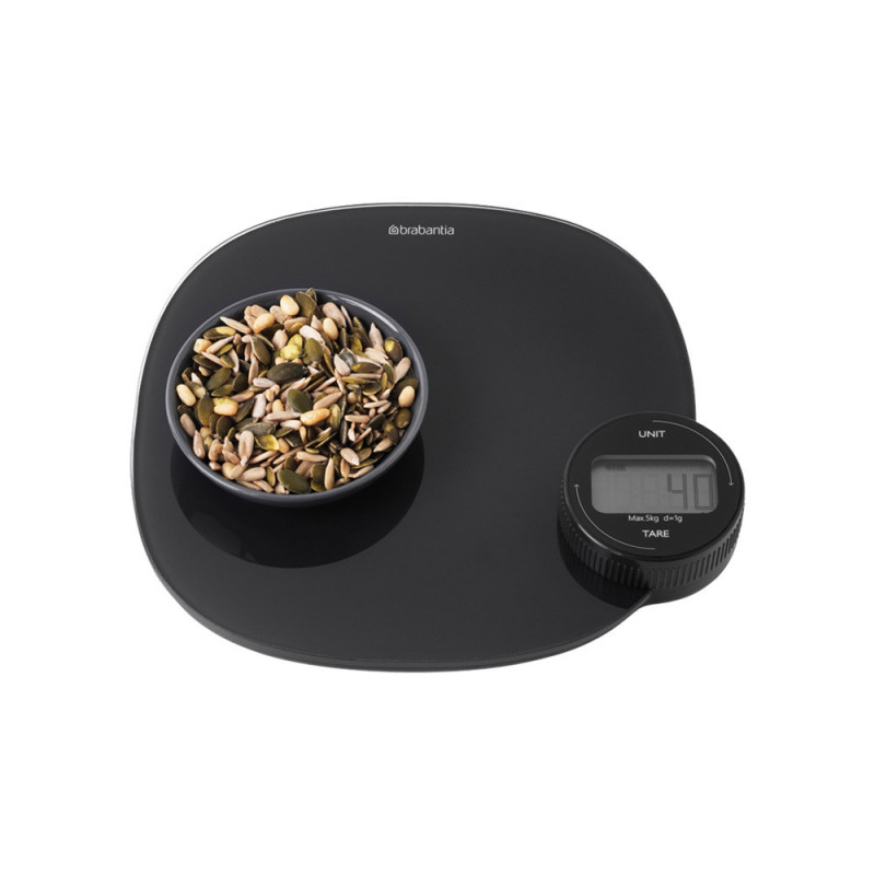 Cantar de bucatarie Brabantia Tasty+ 1001253, Pana la 5 kg, Nu necesita baterii, Tare, Afisaj digital, Gri inchis