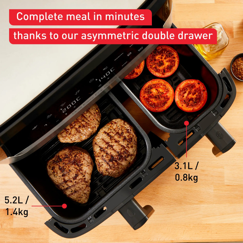 Friteuza cu aer cald Tefal Dual Easy Fry & Grill EY905D10, 2750 W, 5.1+3.2 L, 40-200°C, 2.2 kg, 8 programe, display LCD, Sync, Negru/Inox