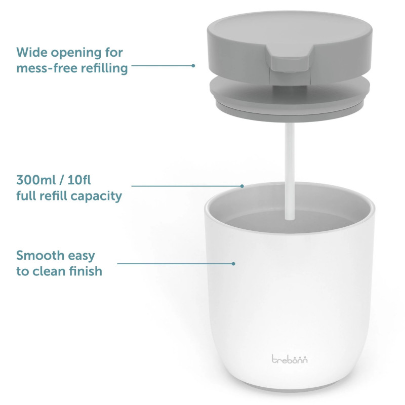 Dispenser sapun lichid Trebonn 3025120, 300 ml, 11x9x9 cm, Actiune prin apasare, Deschidere larga, Alb/Gri
