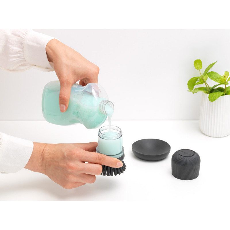 Dozator detergent de vase cu perie Brabantia Sinkside 1003317, 100 ml, Peri din poliester, Suport, Gri inchis