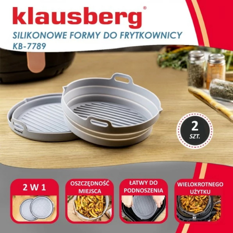 Set 2 forme din silicon pentru Airfryer Klausberg KB 7789, 20x21.3 cm, Pana la 230°C, Rotund, Fara BPA, Gri