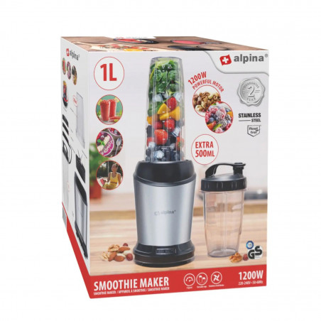 Alpina Nutrition Blender, 4 lame, 1200 W, recipient de 1 L, fără BPA, Inox/Negru