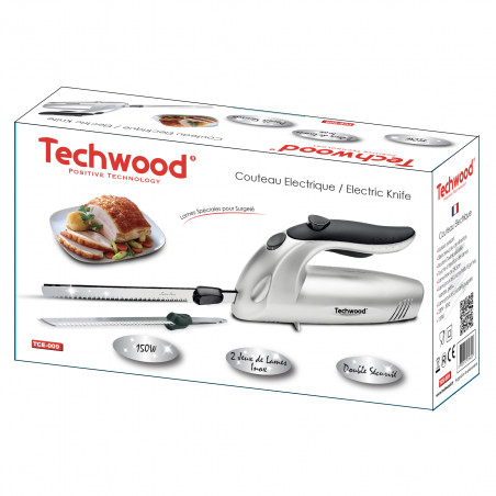 Cutit electric Techwood TCE-009, 24.5 cm, 150W, 2 lame din otel inoxidabil, Taiere alimente congelate, Inox