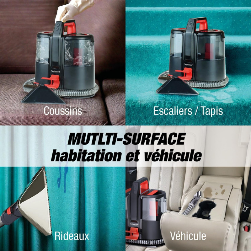 Aspirator pentru textil Techwood TAN-8005R, 185W, Li-Ion 220 mAh, Fara fir, Rezervor de apa curata si reziduala, Autonomie 40 min, 2 viteze, Negru/Rosu