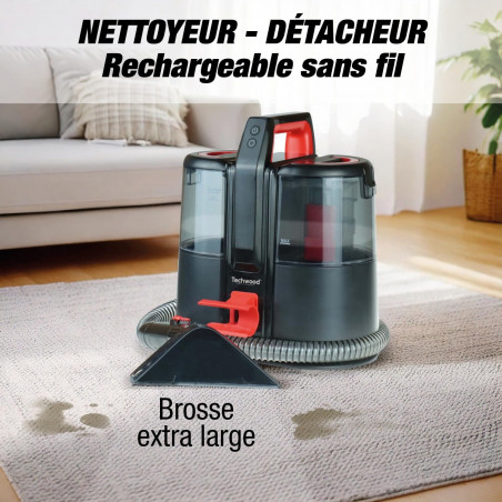 Aspirator pentru textil Techwood TAN-8005R, 185W, Li-Ion 220 mAh, Fara fir, Rezervor de apa curata si reziduala, Autonomie 40 min, 2 viteze, Negru/Rosu