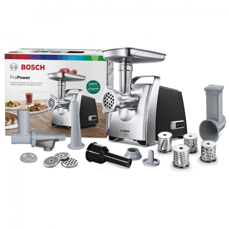 Mașină de tocat carne Bosch MFW68660, 2200W, atașament pentru roșii și cârnați, invers, 4,3 kg/min, Inox