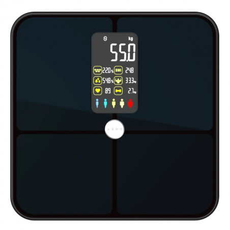 Cantar inteligent AENO ABS0002S, Pana la 180 kg, 11 profile, 16 indicatori, IMC, LED, Sticlă ITO, Negru