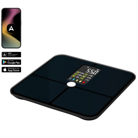 Cantar inteligent AENO ABS0002S, Pana la 180 kg, 11 profile, 16 indicatori, IMC, LED, Sticlă ITO, Negru
