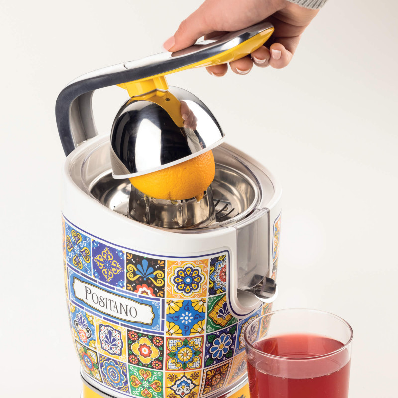 Presă pentru citrice Ariete Positano JUICER 0413/0P, 85W, Corp metalic, Funcționare silențioasă, 2 atașamente, Alb/galben