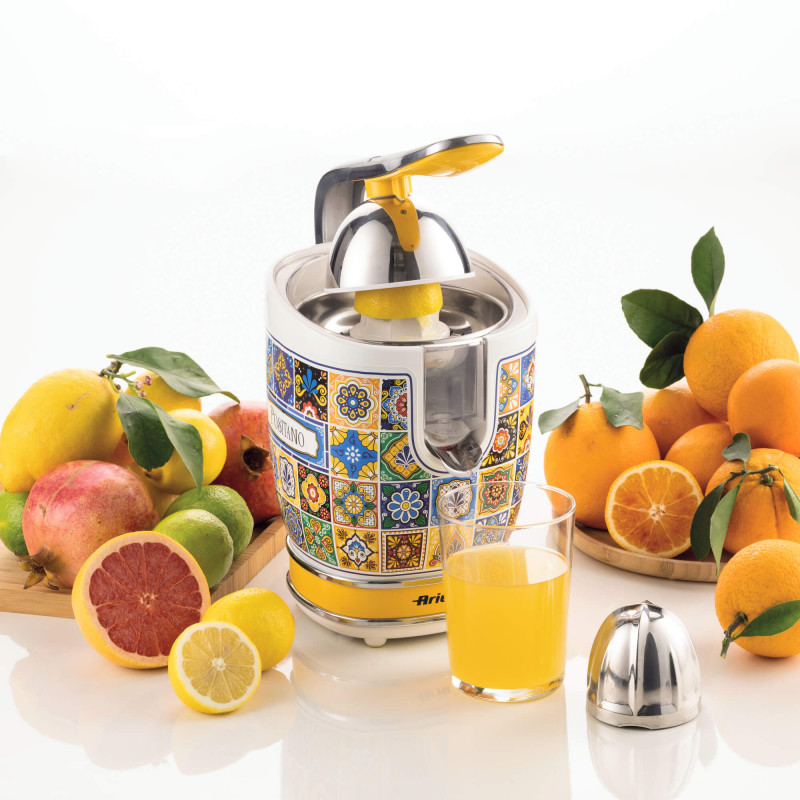 Presă pentru citrice Ariete Positano JUICER 0413/0P, 85W, Corp metalic, Funcționare silențioasă, 2 atașamente, Alb/galben