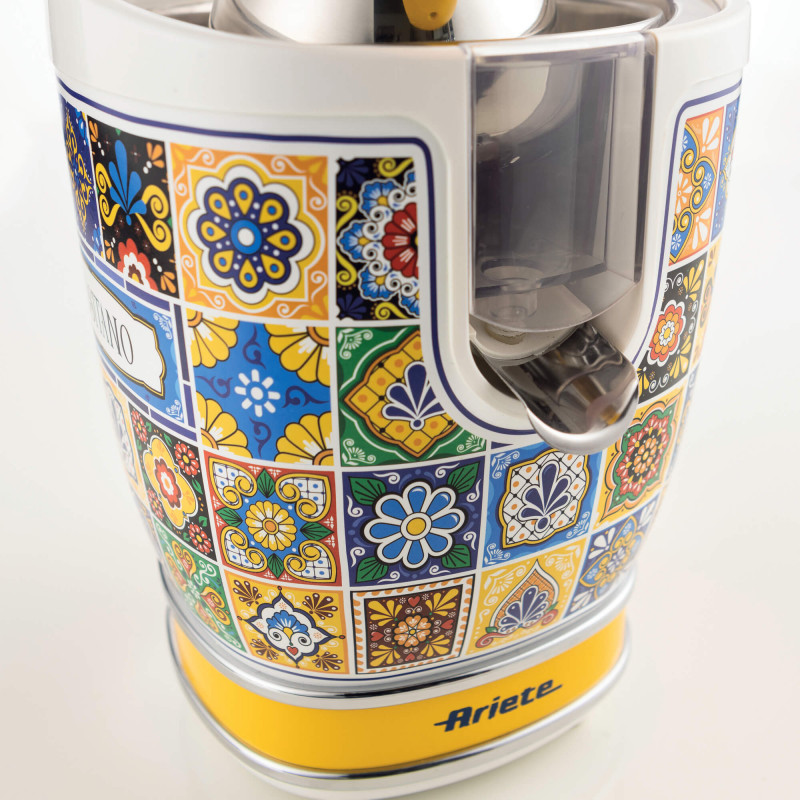 Presă pentru citrice Ariete Positano JUICER 0413/0P, 85W, Corp metalic, Funcționare silențioasă, 2 atașamente, Alb/galben