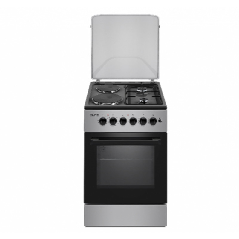 Aragaz combinat electric si gaz Elite FSEGC-0529BG, 1500W, 70L, Ventilator, Iluminat, Usa dubla din sticla, Negru/Gri