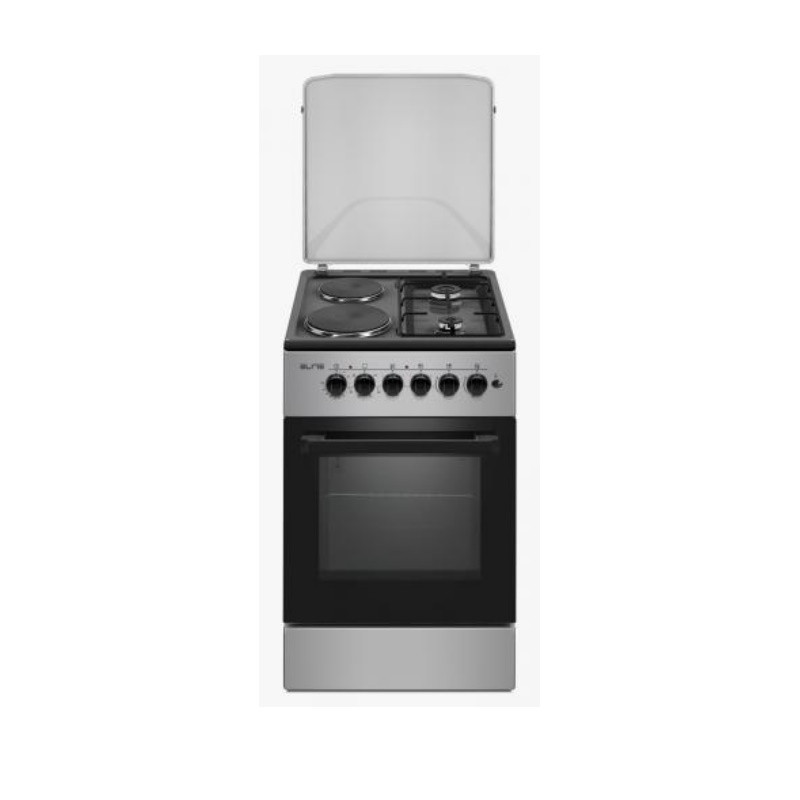 Aragaz combinat electric si pe gaz Elite FSEGC-0569BG, 1500W, 70L, Ventilator, Usa dubla din sticla, Aprindere automata, Negru/Gri