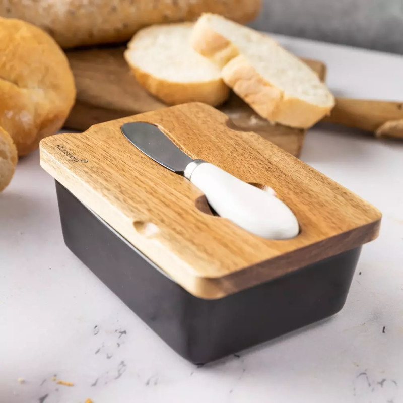 Cutie ceramica si cutit pentru unt Klausberg KB 7784, Capac lemn de salcam, Negru/maro