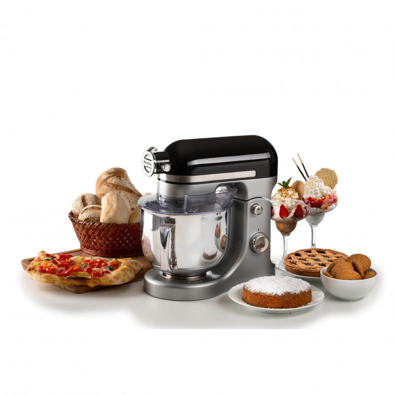 Mixer planetar Ariete MODERNA 1589/02, 3200W, 5.5 L, 11 viteze, Carcasa aluminiu, Accesorii, Negru/Inox