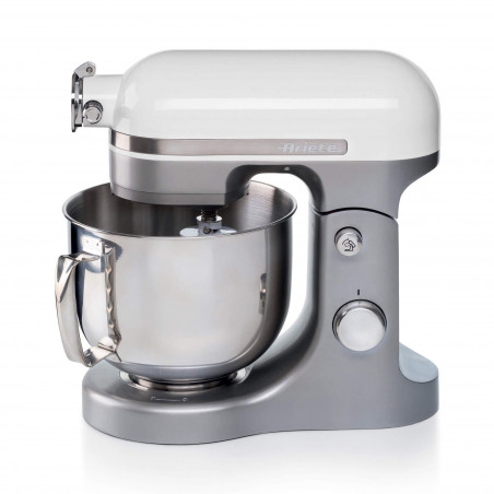 Mixer planetar Ariete MODERNA 1589/01, 3200W, 5.5 L, 11 viteze, Carcasa aluminiu masiv, Accesorii, Alb/Inox