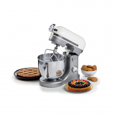 Mixer planetar Ariete MODERNA 1589/01, 3200W, 5.5 L, 11 viteze, Carcasa aluminiu masiv, Accesorii, Alb/Inox