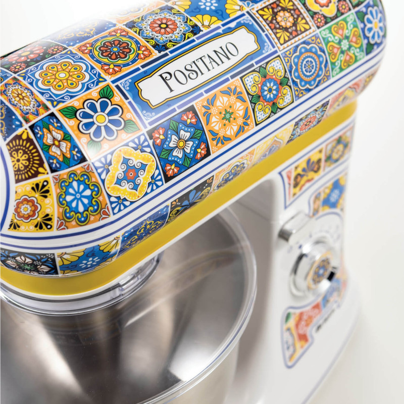 Mixer planetar Ariete Positano 1588/0P, 2400W, 5.5 L, 7 viteze, Pulse, Design retro, Accesorii, Alb/Galben