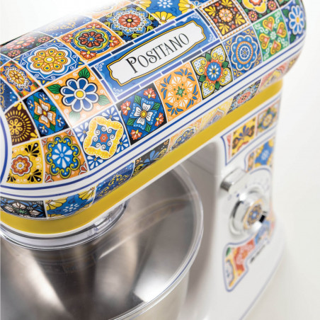 Mixer planetar Ariete Positano 1588/0P, 2400W, 5.5 L, 7 viteze, Pulse, Design retro, Accesorii, Alb/Galben