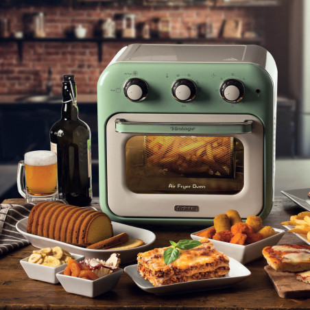 Friteuza cuptor cu aer cald Ariete VINTAGE 4632/04, 1400W, 16 L, Pana la 230°C, Timer, Cos rotativ, Alb/Verde