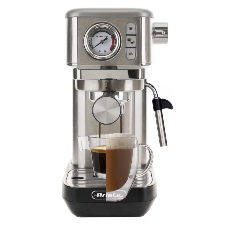 Espressor manual Ariete ESPRESSO METAL SLIM 1381/10, 1300W, 15 bar, 1.1 L, Manometru, Cafea macinata si doze ESE,  Inox