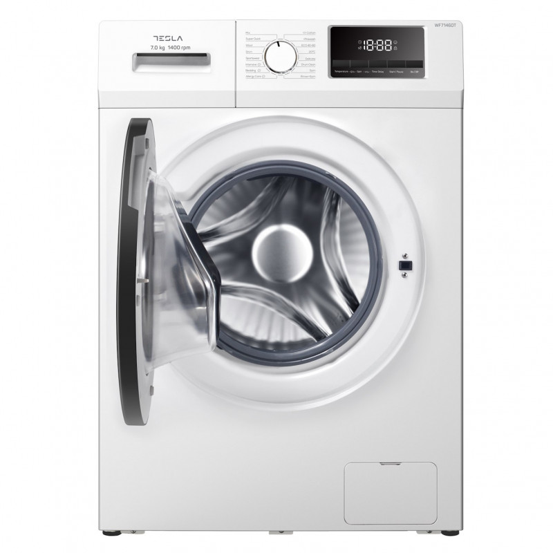 Masina de spalat rufe cu incarcare frontala Tesla WF71460T, 7 kg, 16 programe, 1400 rpm, Motor Inverter, Clasa A, Pornire intarziata, Protectie copii, Alb/Gri