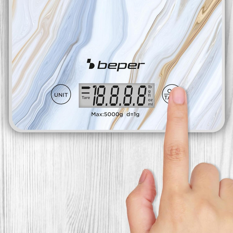 Cantar de bucatarie Beper P102BIL001, Pana la 5 kg, Afișaj LCD, Alimente solide si lichide, Control tactil, Sticla, Marmura