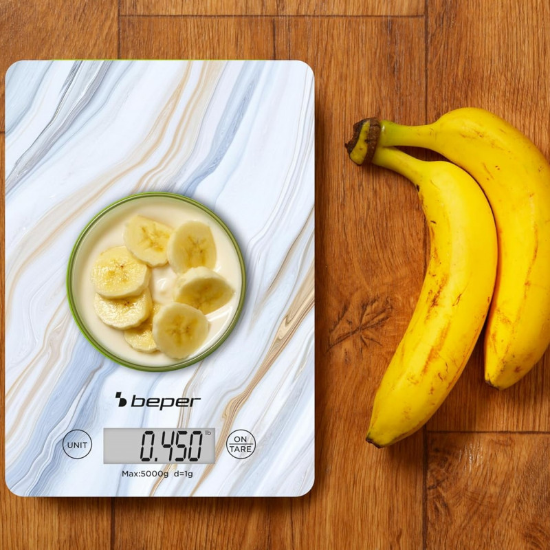 Cantar de bucatarie Beper P102BIL001, Pana la 5 kg, Afișaj LCD, Alimente solide si lichide, Control tactil, Sticla, Marmura