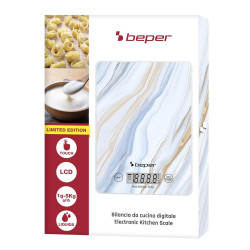 Cantar de bucatarie Beper P102BIL001, Pana la 5 kg, Afișaj LCD, Alimente solide si lichide, Control tactil, Sticla, Marmura