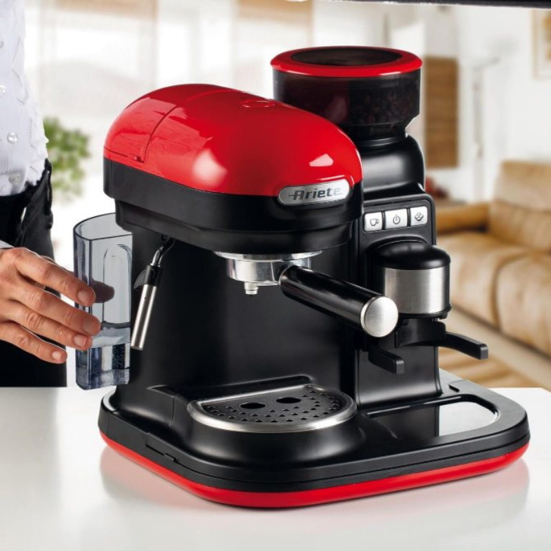 Espressor manual Ariete ESPRESSO MODERNA 1318/00, 1080W, 15 bar, 0.8 L, Rasnita de cafea incorporata, Spumare lapte, Rosu