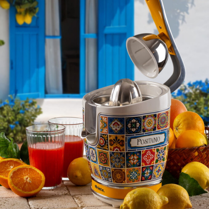 Presă pentru citrice Ariete Positano JUICER 0413/0P, 85W, Corp metalic, Funcționare silențioasă, 2 atașamente, Alb/galben