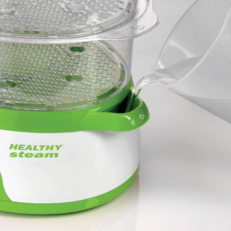 Aparat gatire la aburi Ariete HEALTHY STEAM 0911/01, 800W, 9 L, 3 recipiente, Timer, Alb/Verde