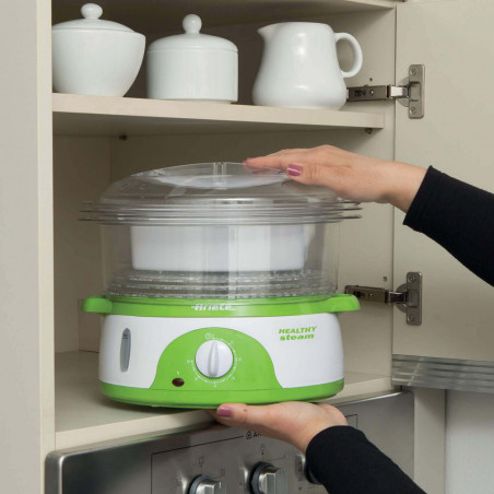 Aparat gatire la aburi Ariete HEALTHY STEAM 0911/01, 800W, 9 L, 3 recipiente, Timer, Alb/Verde