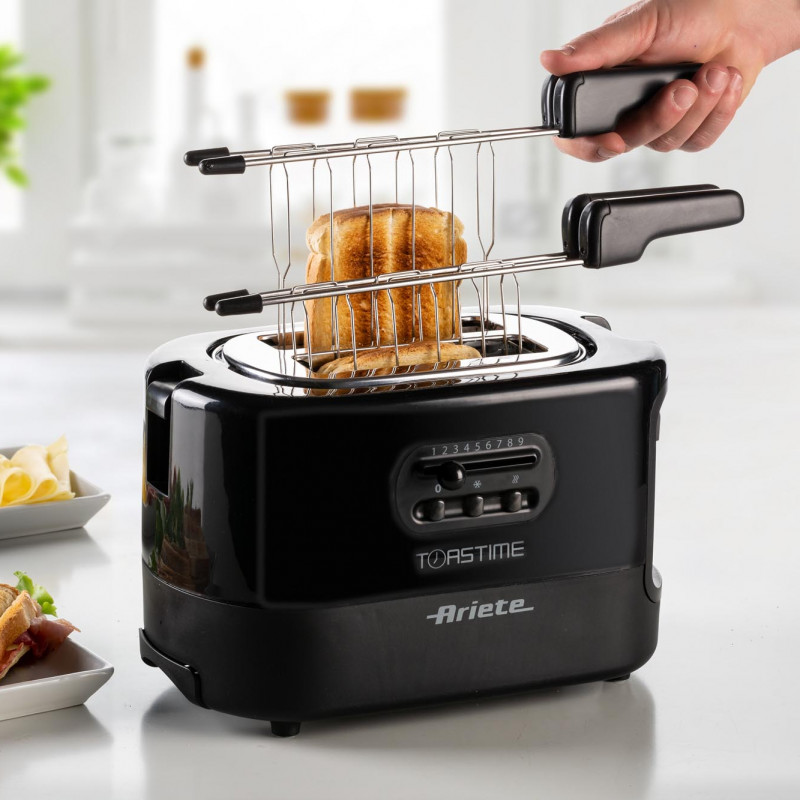 Prajitor de paine Ariete TOASTIME 0159/02, 700W, 2 felii, 3 functii, 9 trepte, Tava firimituri detasabila, Negru