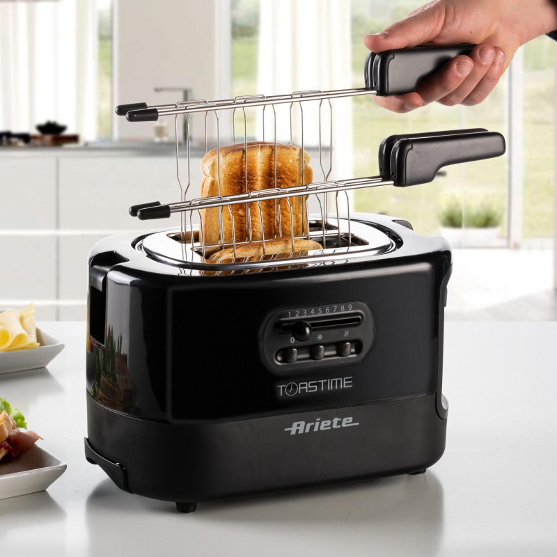 Prajitor de paine Ariete TOASTIME 0159/02, 700W, 2 felii, 3 functii, 9 trepte, Tava firimituri detasabila, Negru