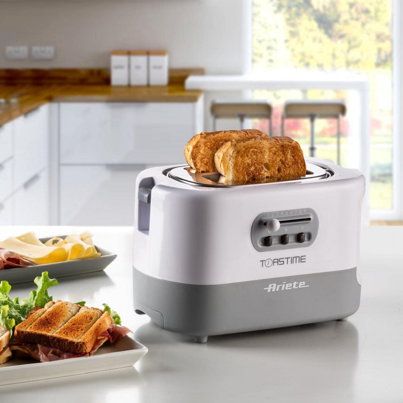 Prajitor de paine Ariete TOASTIME 0159/01, 700W, 2 felii, 3 functii, 9 trepte, Tava firimituri detasabila, Alb
