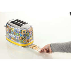 Prajitor de paine Ariete Positano 0155/0P, 810W, 2 felii, 3 functii, 6 trepte, Tava firimituri detasabila, Alb/Galben