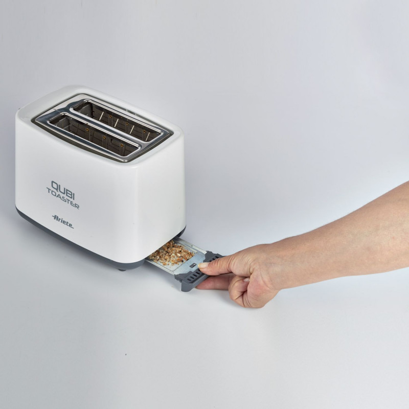 Prajitor de paine Ariete QUBI 0157/00, 760W, 2 felii, Buton de oprire, 7 trepte, Tava firimituri detasabila, Alb